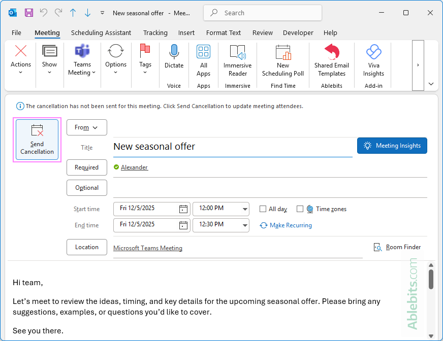Send a meeting cancellation in Outlook.