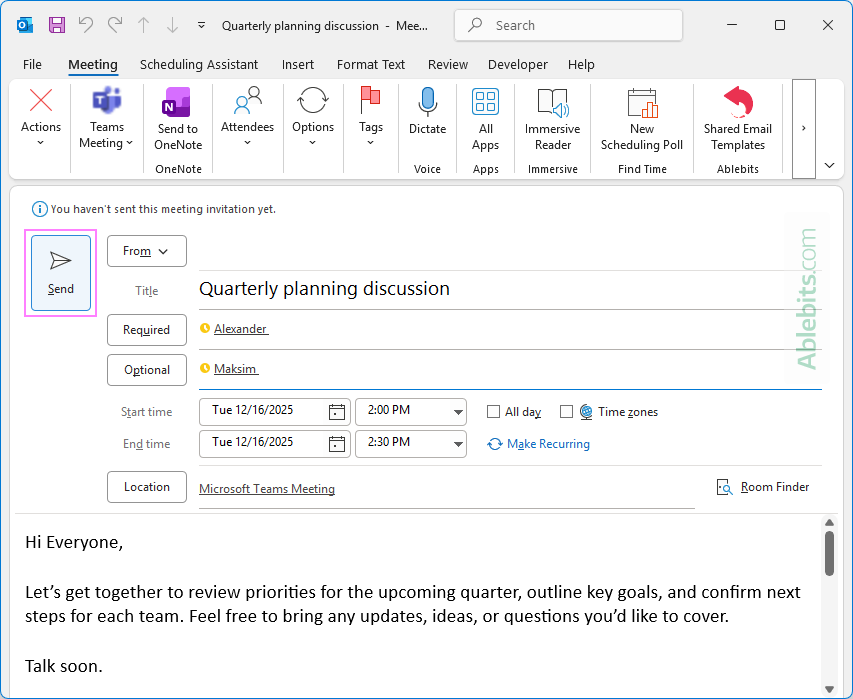 Send an Outlook meeting invite.
