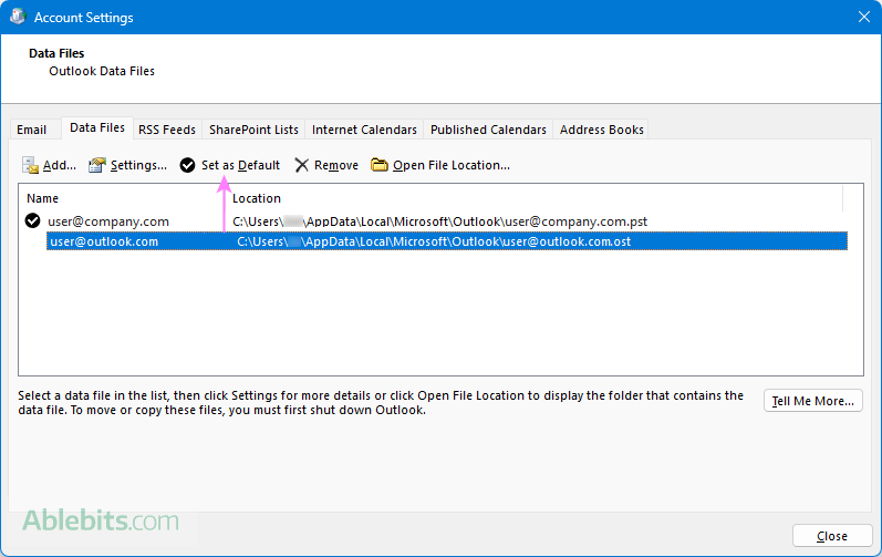 Change the default Outlook account.