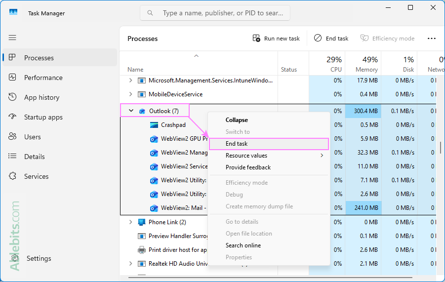 End Outlook processes running in the background.