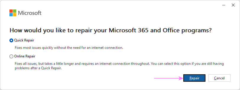 Repair the Microsoft 365 installation.