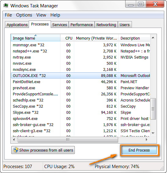 Processi del task manager di Outlook 2003