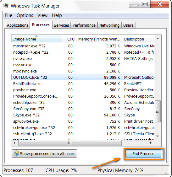 outlook processing won t open