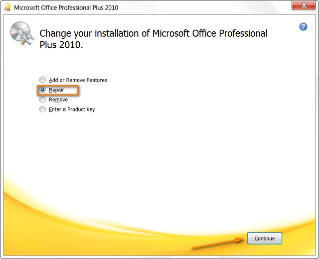 Repair Microsoft Office 2010