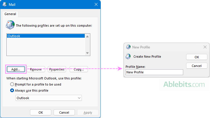 Create a new Outlook profile.