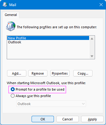 Prompt for a profile to be used when starting Outlook.