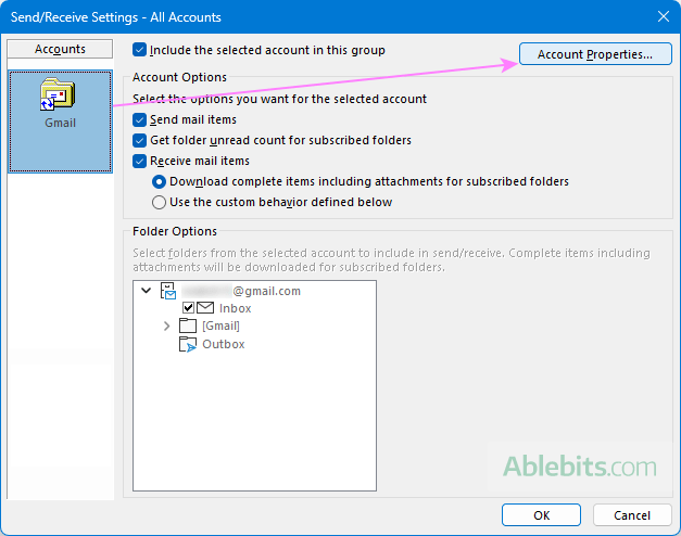Access account properties in Outlook.