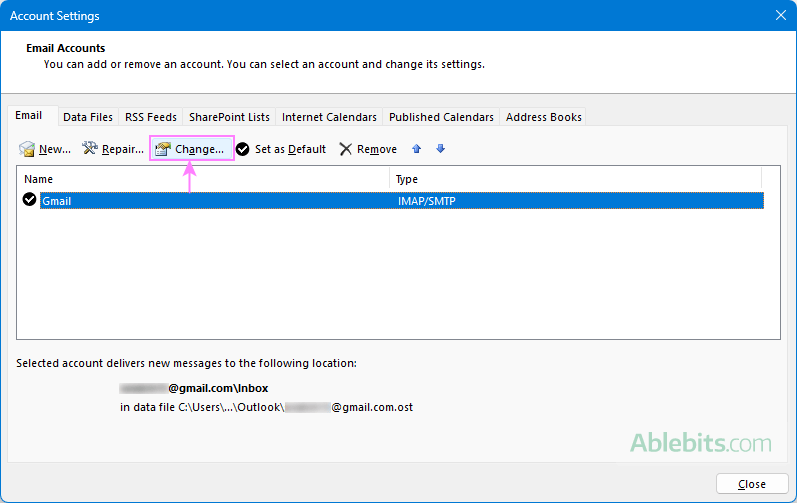 Change settings for the selected Outlook account.