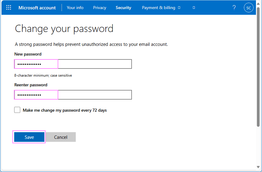 Change the password for Outlook.com.
