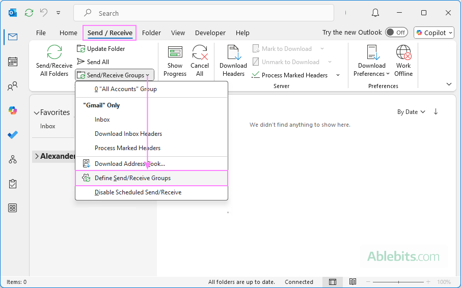 Open the Send/Receive Groups settings in Outlook.