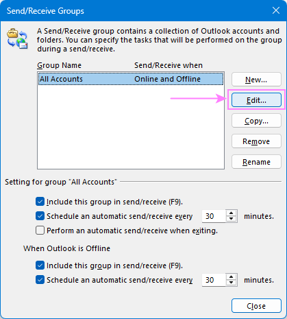 Edit the selected Send/Receive group.