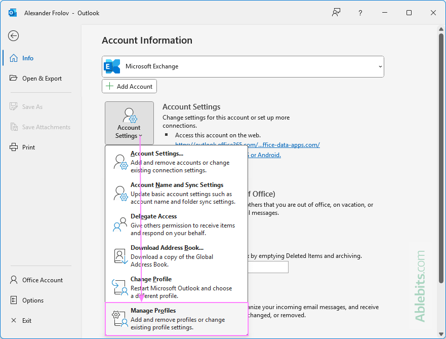 Access the profile management settings in Outlook.