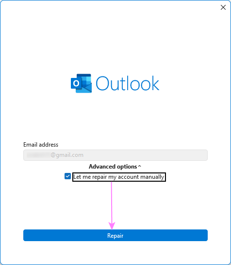 Choose to manually repair the Outlook account.