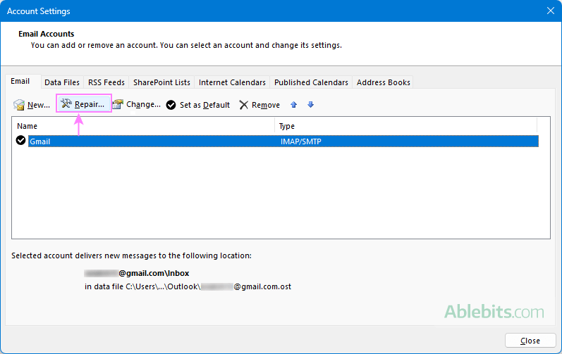 Start the repair process for your Outlook account.