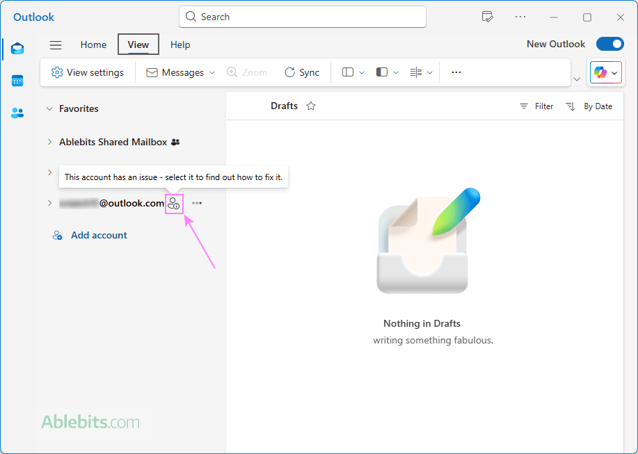 Select an email account that requires updating in the new Outlook.