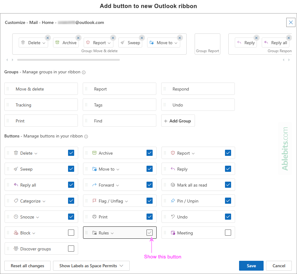 Add a button to the new Outlook ribbon.