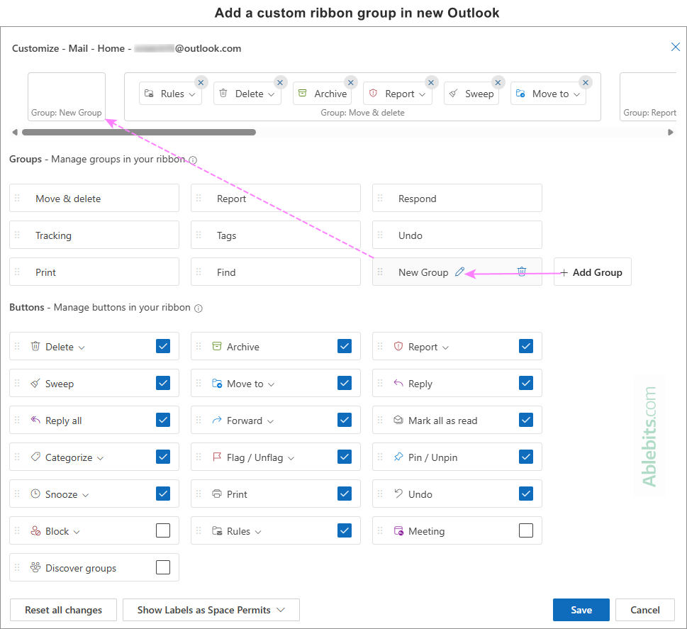 Add a custom ribbon group in the new Outlook.