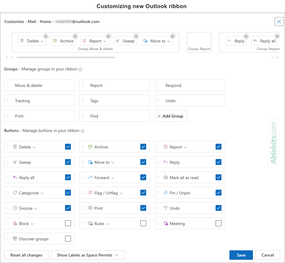 New Outlook ribbon: customize and change from simplified to classic