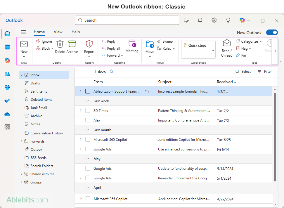 New Outlook ribbon: customize and change from simplified to classic