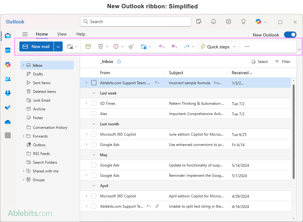 New Outlook ribbon: customize and change from simplified to classic