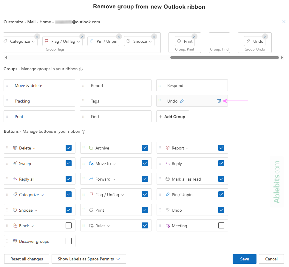 Remove a group from the new Outlook ribbon.