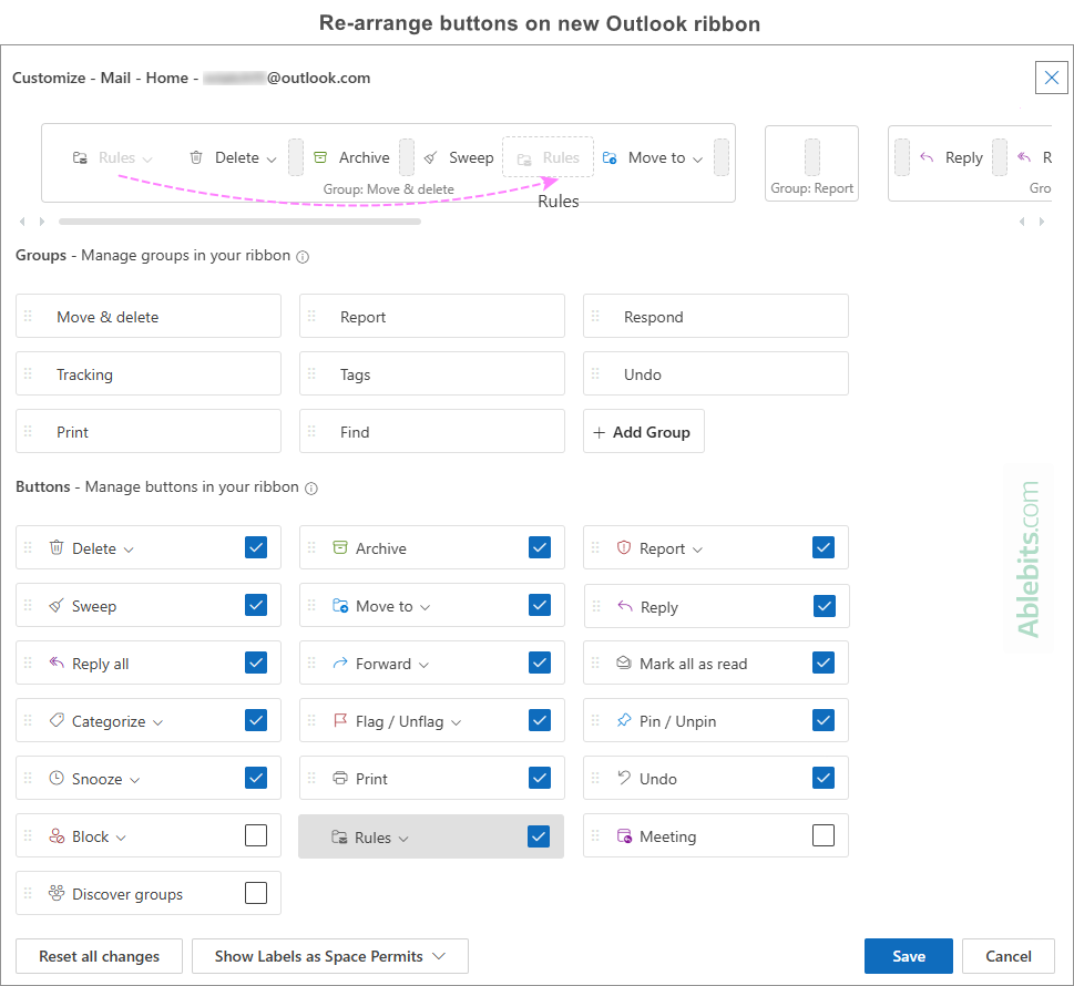 Move a button to another location on the new Outlook ribbon.