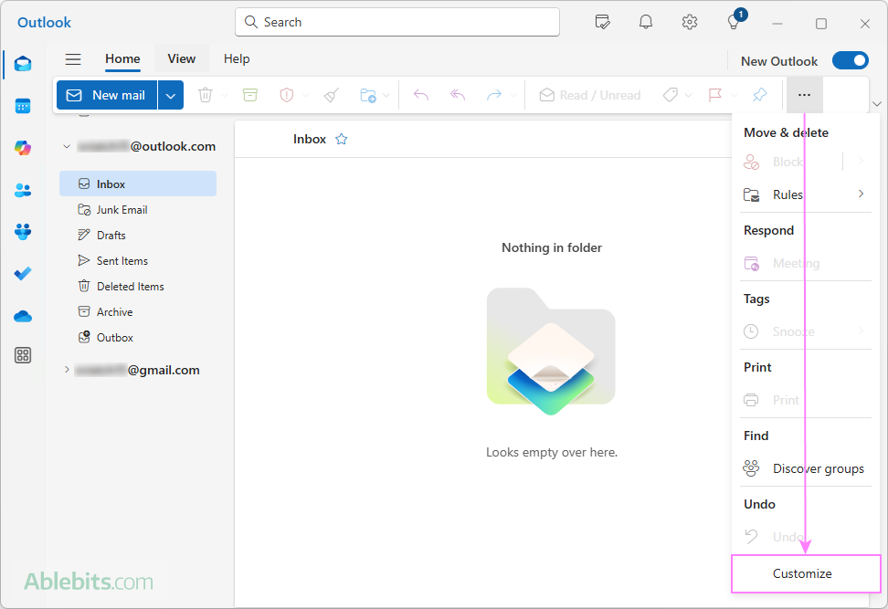 New Outlook ribbon: customize and change from simplified to classic