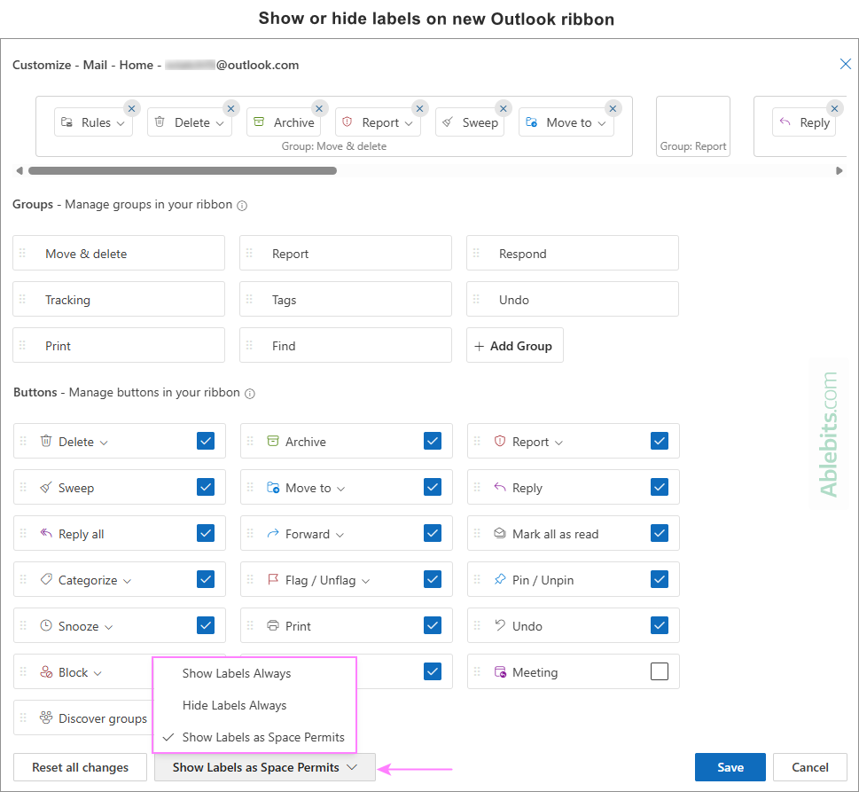 Show or hide button labels in the new Outlook ribbon.