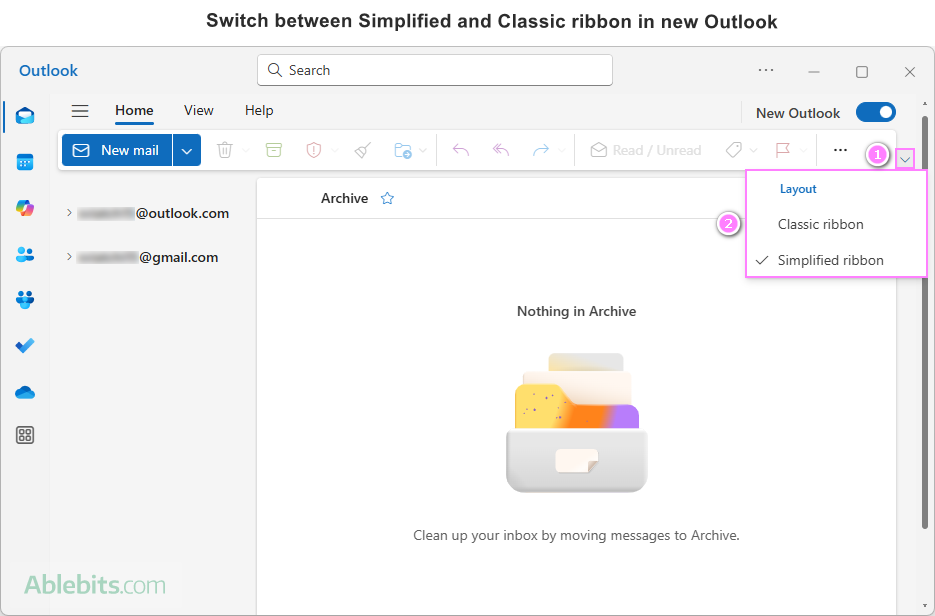 Switch between the simplified and classic ribbon in the new Outlook.