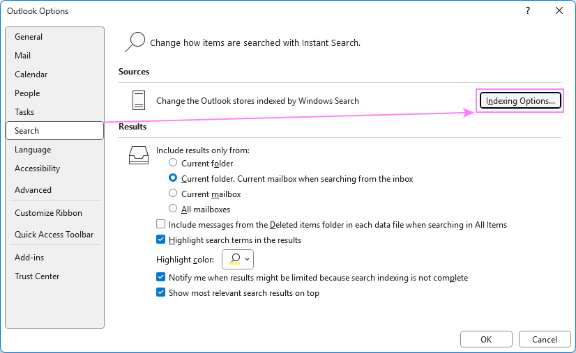 Open Indexing Options. Open Indexing Options.