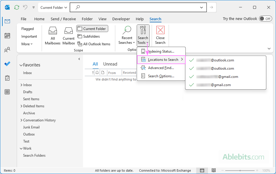 Check that all Outlook data files are included in search. Check that all Outlook data files are included in search.