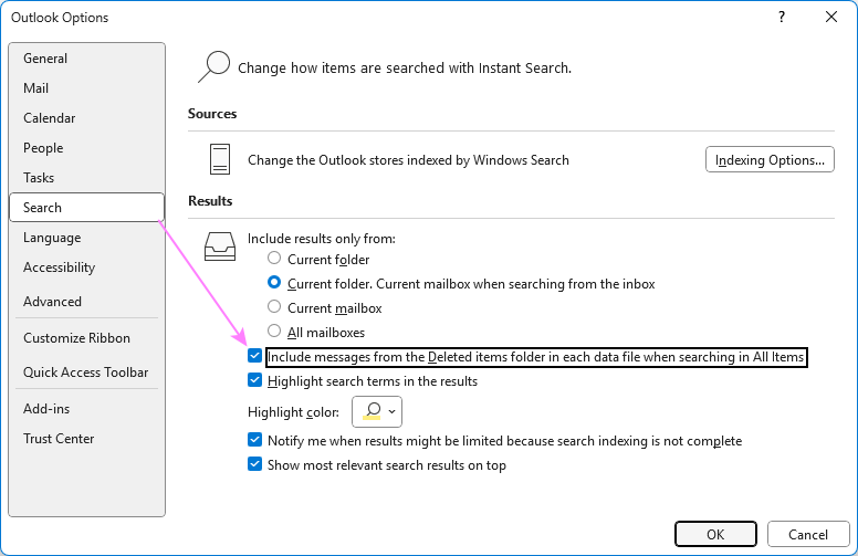Include Deleted items folder in Outlook search. Include Deleted items folder in Outlook search.
