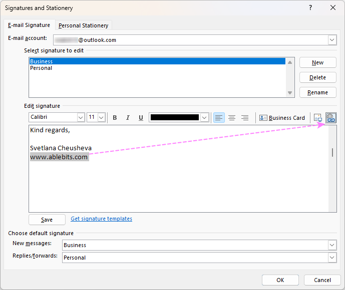 Add a hyperlink to an Outlook signature.