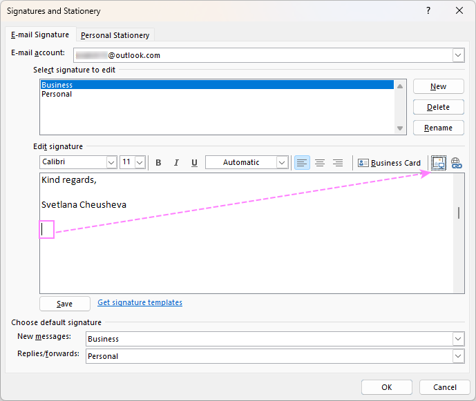 Add an image to an Outlook signature.