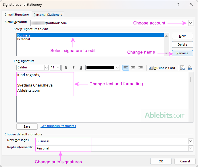 Change an email signature in Outlook.