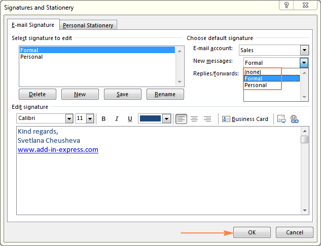 Wszystkie obecne podpisy programu Outlook pojawiają się w menu rozwijanych Nowe i Odpowiedzi/Przekierowania. loading=