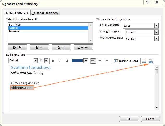 microsoft outlook how to add signature and phone number to email