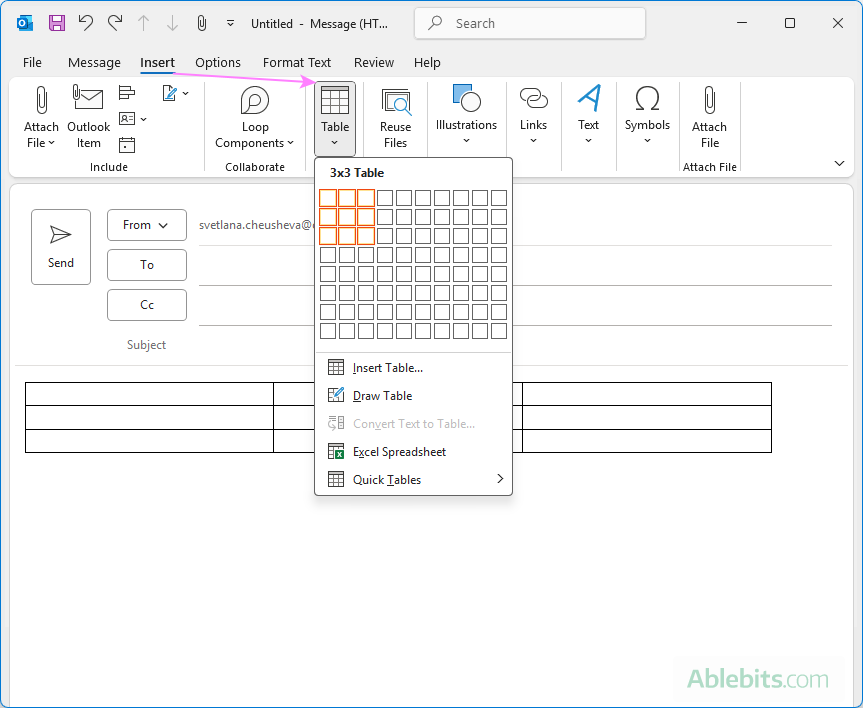 Insert a table to align your email signature design.