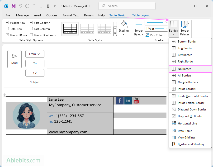 Remove the signature table borders.
