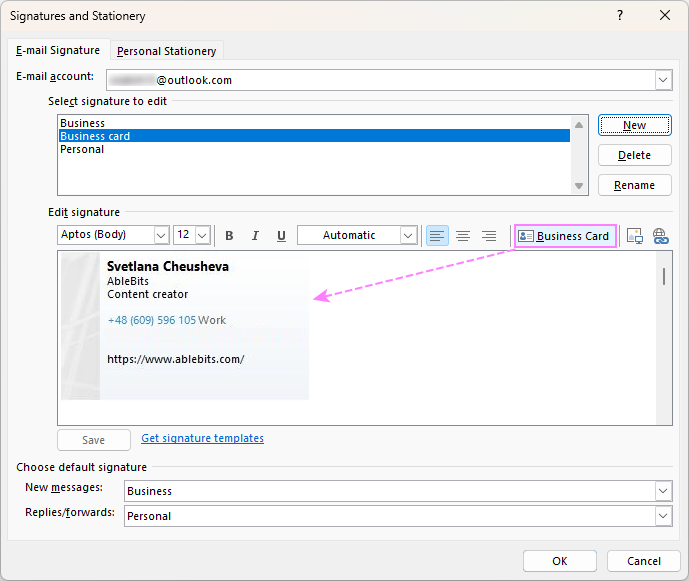 Creating an Outlook signature based on business card.