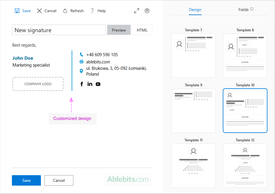 Design your email signature in the visual editor.