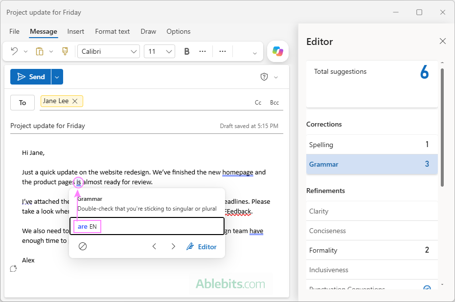 Review and apply spellchecker suggestions in new Outlook.