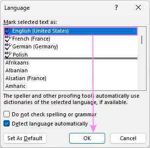 Change a proofing language in Outlook.
