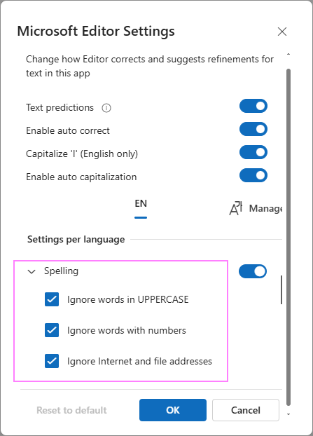 Enable or disable specific spelling corrections in Outlook Editor.