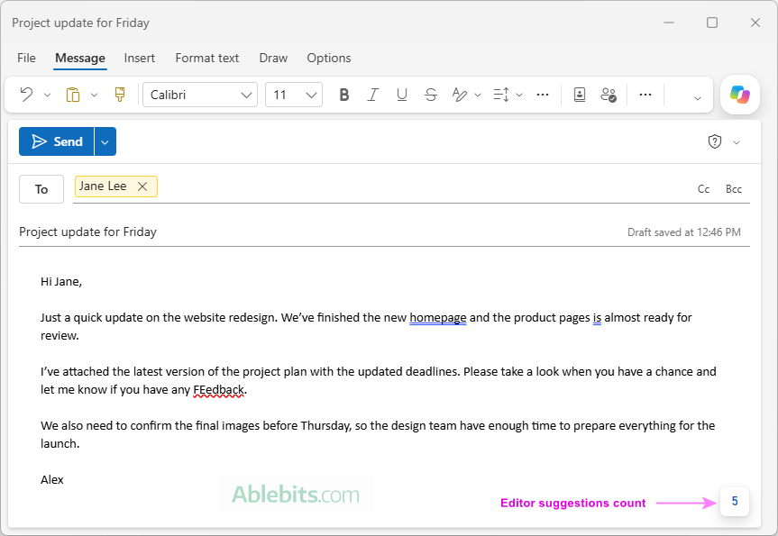 Editor suggestions count in a new Outlook email.