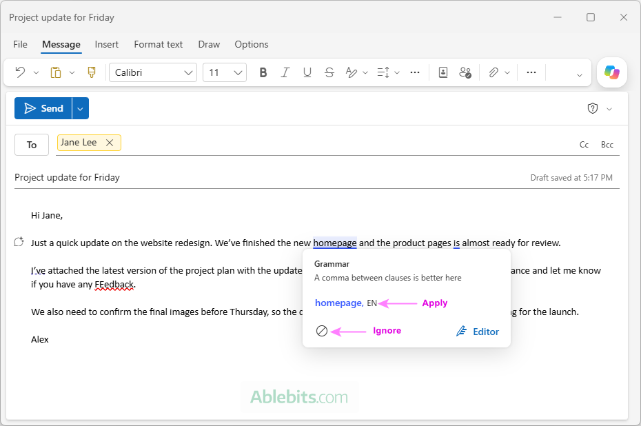 Review and apply inline spelling suggestions in an Outlook message.