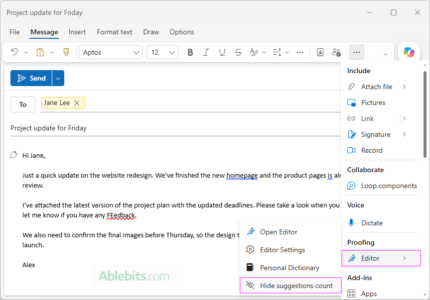 Show or hide Microsoft Editor suggestions count in Outlook.