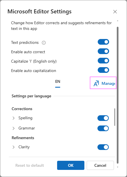 Manage spellcheck languages in Outlook Editor.