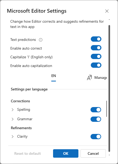 Configure the Outlook Editor settings for spelling and grammar.