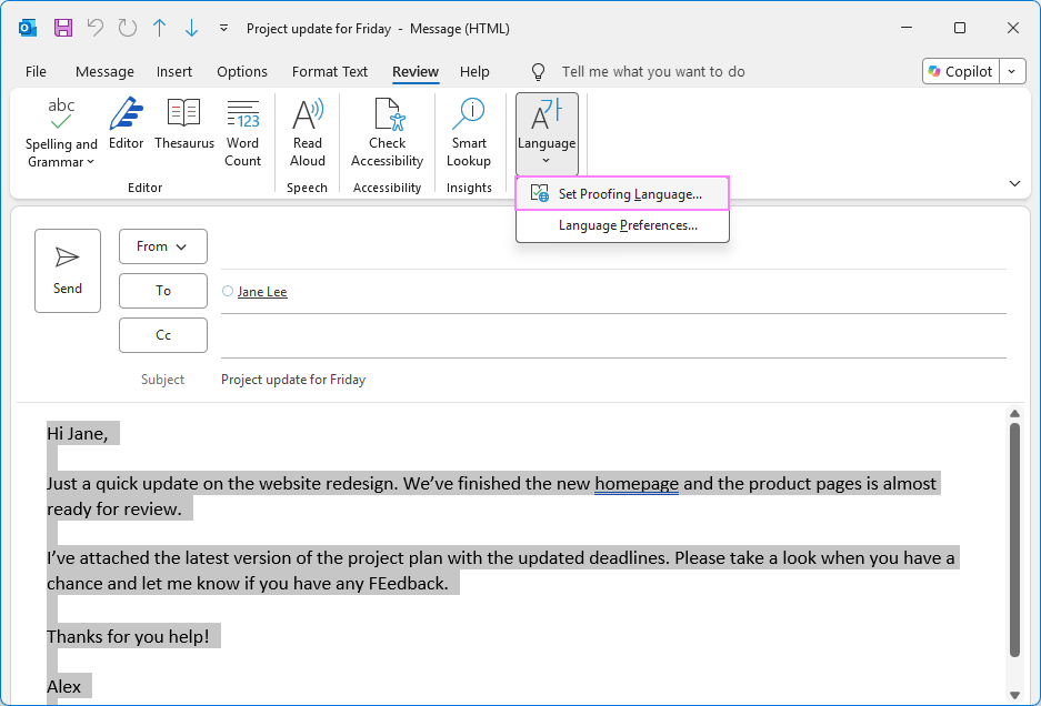 Access proofing language settings in classic Outlook.